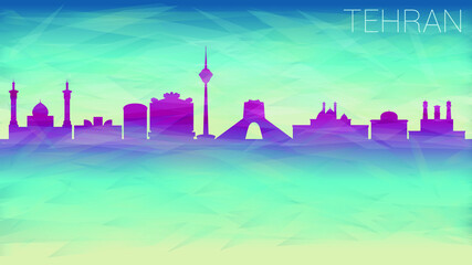 Tehran Iran Skyline City Silhouette. Broken Glass Abstract Geometric Dynamic Textured. Banner Background. Colorful Shape Composition.