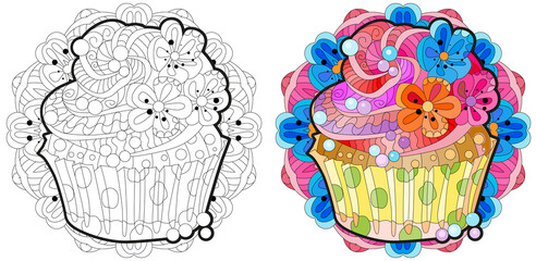 Vector piece of cake with abstract ornaments with mandala for coloring. Color and outline set