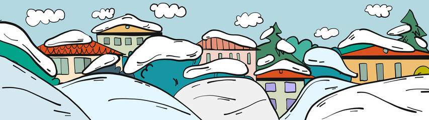 Winter panorama cityscape background in cartoon style