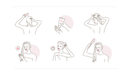 Beauty Girl Take Care of her Hair. Instruction How to Wash Hair Properly. Woman Washing Hairs with Shampoo and Conditioning with Conditioner. Flat Line Vector  Illustration and Icons set. - obrazy, fototapety, plakaty