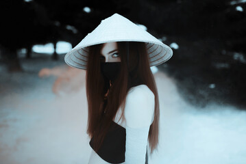 White samurai ninja cute girl outdoors in winter