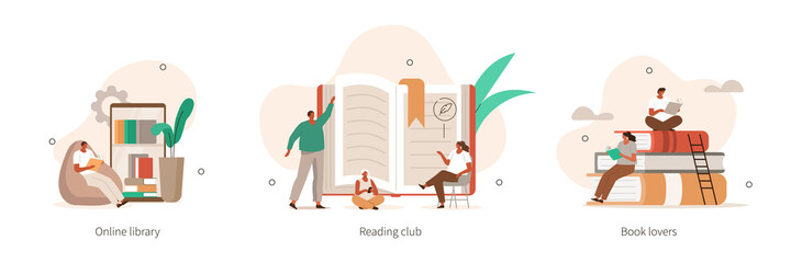 Various Online Education, Knowledge and Library Icons. People Characters Reading Books. Girls and Boys  with Open Books in Hands  Studying in Library. Flat Cartoon Vector Illustration.