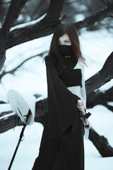 White samurai ninja cute girl outdoors in winter © kittyeastarea