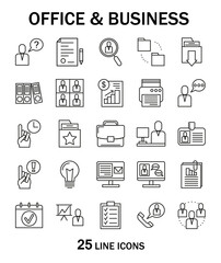 Set of thin line web icons for office work and business. Document, online job, presentation, idea, brainstorm, time management, profit, communication, planning. Icon collection. Vector illustration.
