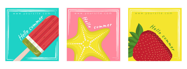 Set of summer cards with ice cream, strawberries and starfish. Template for post, social media banner, flyer, advertisement. .