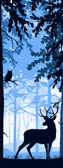 Vertical banner of deer with antlers posing, forest background, silhouettes of trees, snow, winter. Magical misty landscape. Blue illustration. Bookmark.