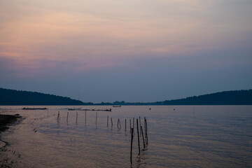 landscape view with lake,blue sky,sun set