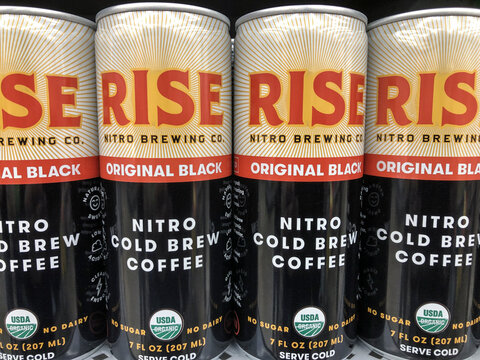 Indianapolis - Circa May 2021: RISE Brewing nitro cold brew coffee. RISE Brewing specializes in nitrogen-infused organic coffee.