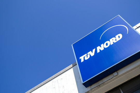 OLPE, GERMANY - APRIL 25, 2021: T&Uuml;V Nord sign at vehicle inspection point