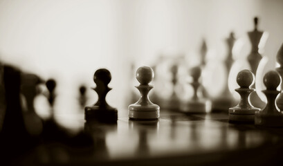 Two pawns - black and white. Wooden chess pieces on the chessboard. - 431544518
