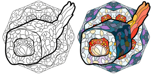 Zentangle Sushi with mandala. Hand drawn decorative vector illustration for coloring. Color and outline set