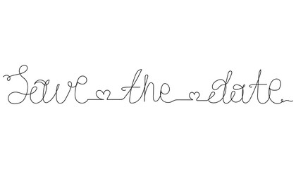 Continuous one line of lettering text - save the date in silhouette. Minimal style. Perfect for cards, party invitations, posters, stickers, clothing.