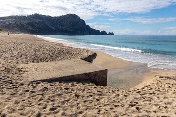 Empty view of Cleopatra Beach during the coronavirus pandemic days in Alanya, Antalya, Turkey in 2021. - obrazy, fototapety, plakaty