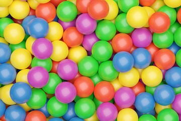 Fototapeta na wymiar Ball pool or pit filled with red, green, yellow,pink and blue plastic balls, abstract texture background top view flat lay from above