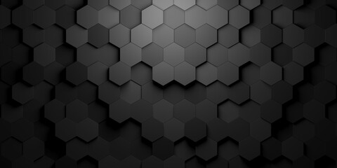 Black hexagon honeycombs shifted mosaic abstract background pattern geometrical design with ligth from top