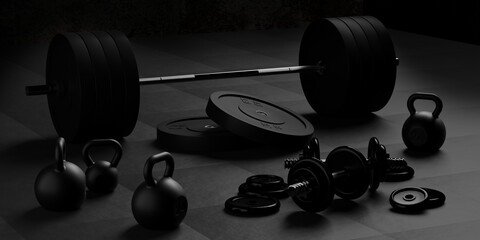 Plakat Barbell, kettlebells and dumbbells with black plates on floor on black mats background, sport, fitness, exercise or weightlift concept