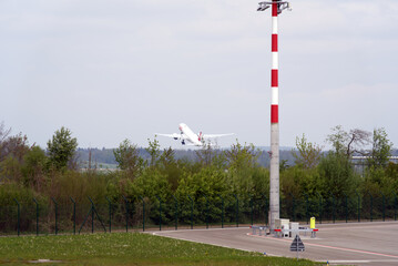 Swiss airplane taking off from Zurich airport. Photo taken April 30th, 2021, Zurich, Switzerland.