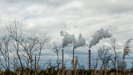 Panoramic view of power station Lukomlskaya Gres. Chimneys with smoke of power plant. Ecological problem. Environmental pollution concept.