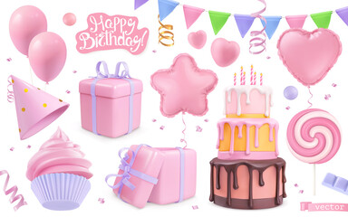 Happy birthday holiday decorations set. 3d vector realistic objects. Toy balloons, heart, star symbols, cupcake, cake, gift box - 431546190