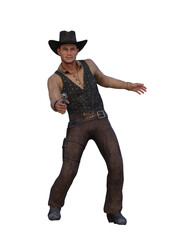 3D illustration of a wild west cowboy man with pistol aimed at the viewer isolated on white.