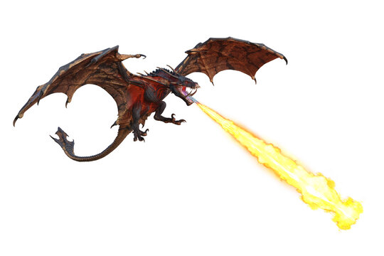 3D illustration of a flying green dragon or wyvern breathing fire downwards isolated on white.