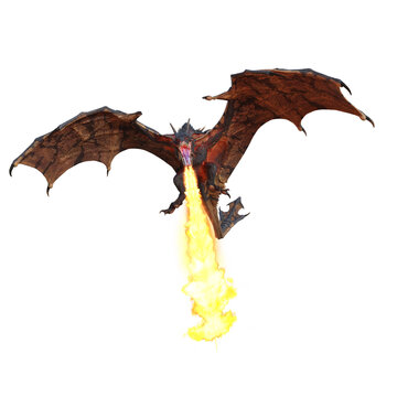 3D illustration of a fire breathing green dragon or wyvern isolated on white.