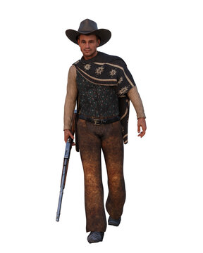 3D illustration of a wild west cowboy man walking with a rifle in his hand isolated on white.