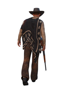 3D illustration of a wild west cowboy man walking away with a rifle in his right hand isolated on white.