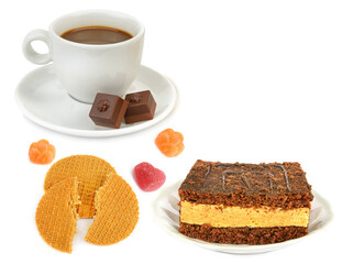 Cup of coffee, cake, waffles and candies isolated on white. Collage. Free space for text.