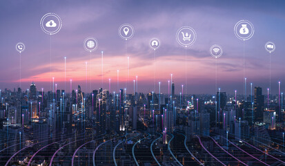 Smart city dot point connect with gradient grid line, internet of things connection metaverse...