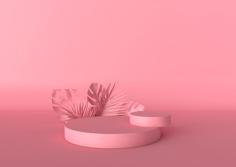 Two pink podiums with tropical leaves on the pink background. Podium for product, cosmetic presentation. Creative mock up. Pedestal or platform for beauty products. 3D rendering, 3D illustration.