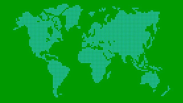 Animated blue world map from point pattern. Vector illustration isolated on a green background.