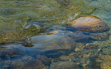 water swirling over rocks on river  
