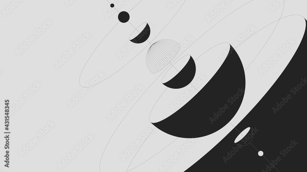 Poster composition of abstract geometric shapes, spheres and hemispheres of various sizes, minimalistic bru