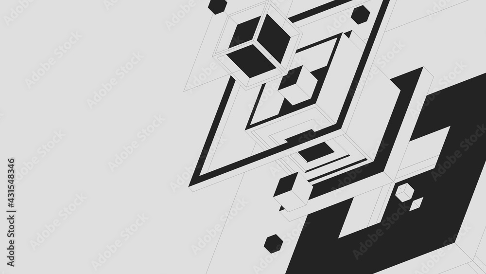 Poster composition of abstract geometric shapes, squares and cubes of various sizes, minimalistic brutalism