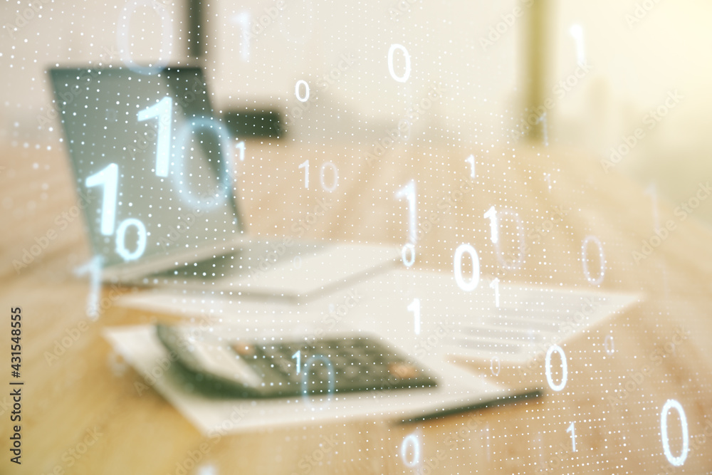 Poster abstract virtual binary code sketch on calculator and pc background, hacking and matrix concept. mul