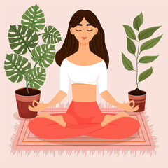 Young brunette girl sitting in lotus pose at home surrounded by plants. Vector illustration of a room with of the woman doing yoga, meditation, healthy lifestyle. Crossed legs. Interior with people.