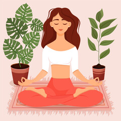 Young brunette girl sitting in lotus pose at home surrounded by plants. Vector illustration of a room with of the woman doing yoga, meditation, healthy lifestyle. Crossed legs. Interior with people.