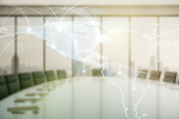 Double exposure of abstract digital world map hologram with connections on a modern boardroom background, big data and blockchain concept