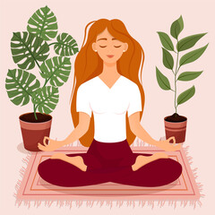 Young red haired girl sitting in lotus pose at home surrounded by plants. Vector illustration of a room with of the woman doing yoga, meditation, healthy lifestyle. Crossed legs.