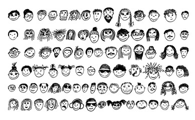 People's faces set. Drawing line. Vector illustration