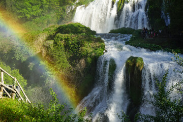 Marmore waterfall on a sunny day with rainbow, Nera river park, Valnerina, Terni, Umbria, Italy