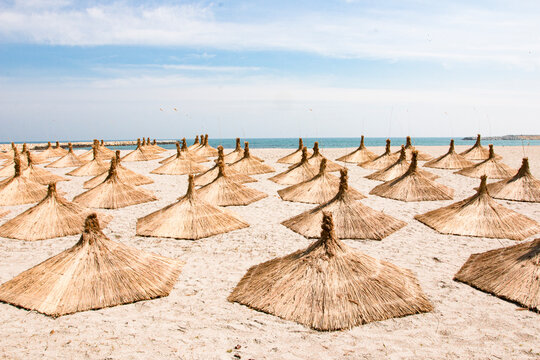  Umbrellas on empty beach during sunny day 