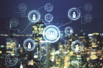 Abstract virtual social network hologram on blurry skyscrapers background. Double exposure