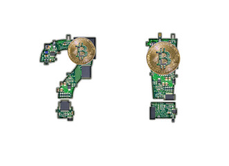 Question mark and exclamation mark made of chip and Bitcoin