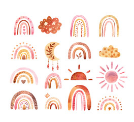 Watercolor boho clipart for nursery decoration with cute rainbows and moon, sun, cloud. Doodle hand drawn illustration. © Viktoriia
