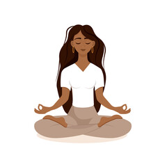 Young brunette girl sitting in lotus pose at home. Vector illustration isolated on white background of the African American woman doing yoga, meditation, healthy lifestyle. Crossed legs.