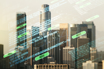 Abstract virtual coding illustration on Los Angeles cityscape background, software development concept. Multiexposure