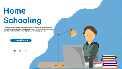 Fototapeta premium A boy at the laptop sitting at the table, home schooling concept, flat vector illustration