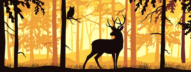 Fototapeten Horizontal banner of deer with antlers posing, forest background, silhouettes of trees. Magical misty landscape. Orange and yellow illustration. Bookmark. © Anna